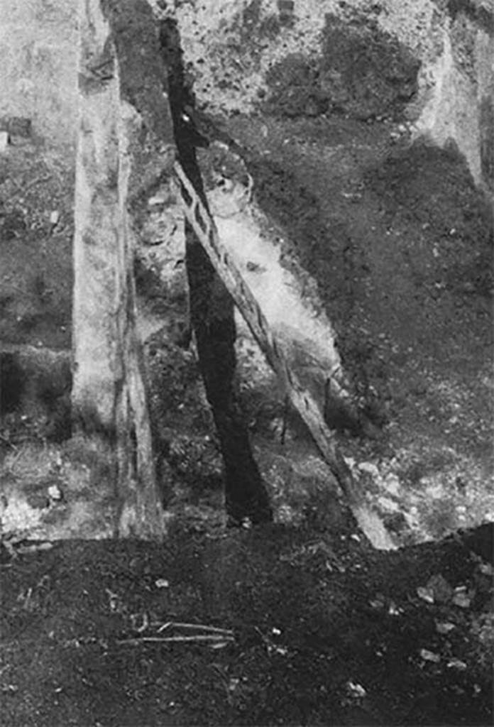 Villa of P. Fannius Synistor at Boscoreale. The excavations during reburial in mid September 1900.
Site of lararium remains in vestibule B.  By the ladder are the remains of a lararium.
The west wall towards the lararium had deteriorated. The lararium was found stripped.