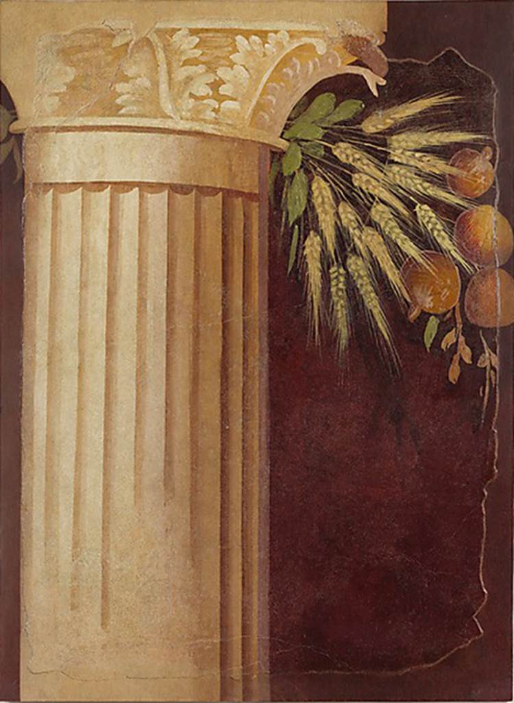 Villa of P Fannius Synistor at Boscoreale. Peristyle E, south wall east end. Wall painting of Corinthian column with leaves, wheat and pomegranates. Photo © The Metropolitan Museum of Art, Rogers Fund 1903.  Inventory number 03.14.1. See www.metmuseum.org