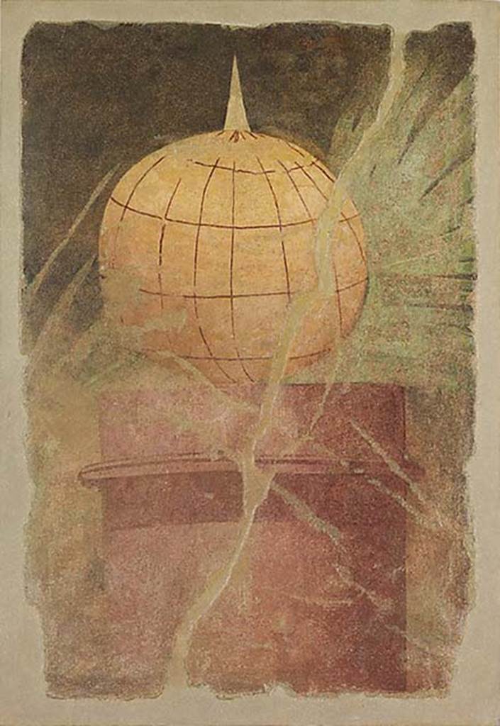Villa of P Fannius Synistor at Boscoreale. Peristyle E, south wall west end. Painting of globe with gnomon (rod or stylus) on top. Photo © The Metropolitan Museum of Art, Rogers Fund 1903.  Inventory number 03.14.2. See www.metmuseum.org