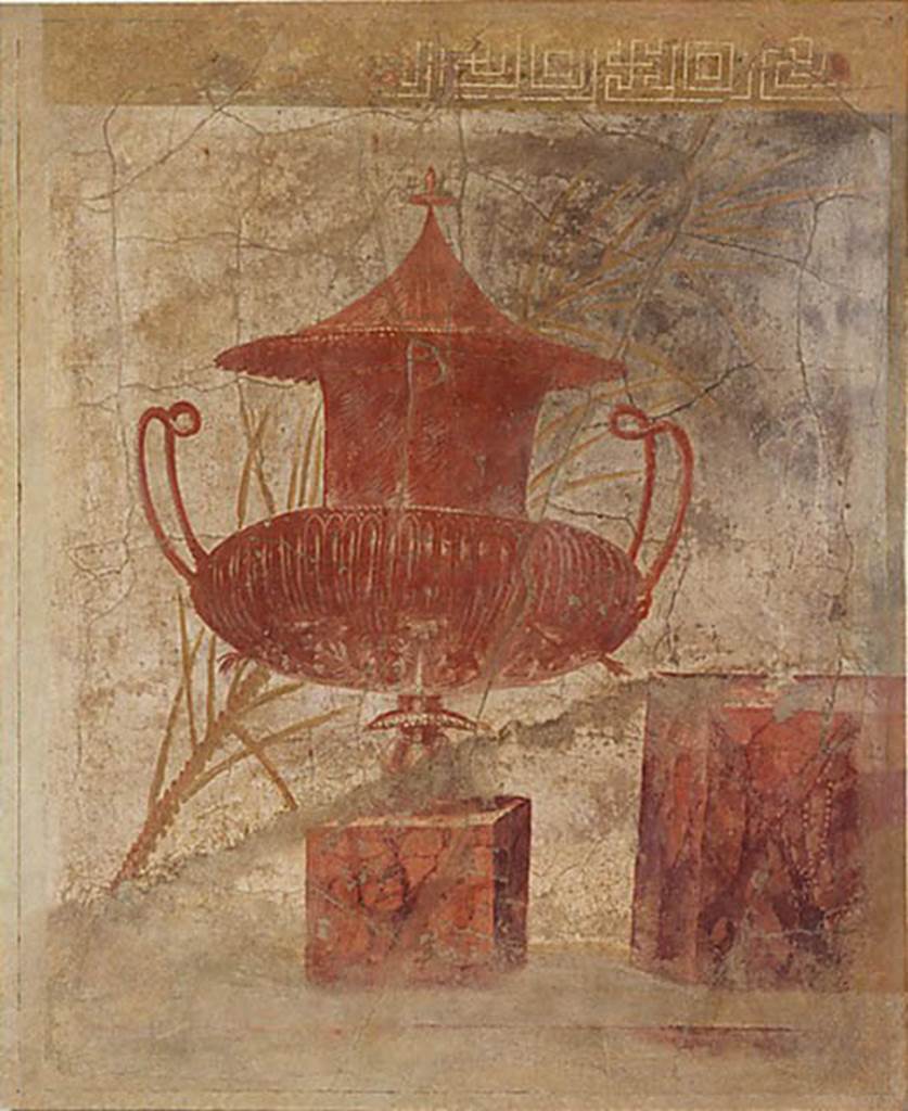 Villa of P Fannius Synistor at Boscoreale. Peristyle E, west end of north wall. Wall painting of vase on a marble block with palm fronds behind. The background was originally black but has faded. Photo © The Metropolitan Museum of Art, Rogers Fund 1903.  Inventory number 03.14.3. See www.metmuseum.org. According to Sambon, this panel shows a competition prize, a large vase with two handles and a broad grooved body (plemochoe). It is painted in orange red, on a base imitating reddish marble. Behind is a palm. Right is an other base on which rests a silver Ewer, very elegant form. Length: 1.18m; height: 1.47m. See Sambon A, 1903. Les Fresques de Boscoreale. Paris and Naples: Canessa. 8, p. 9.