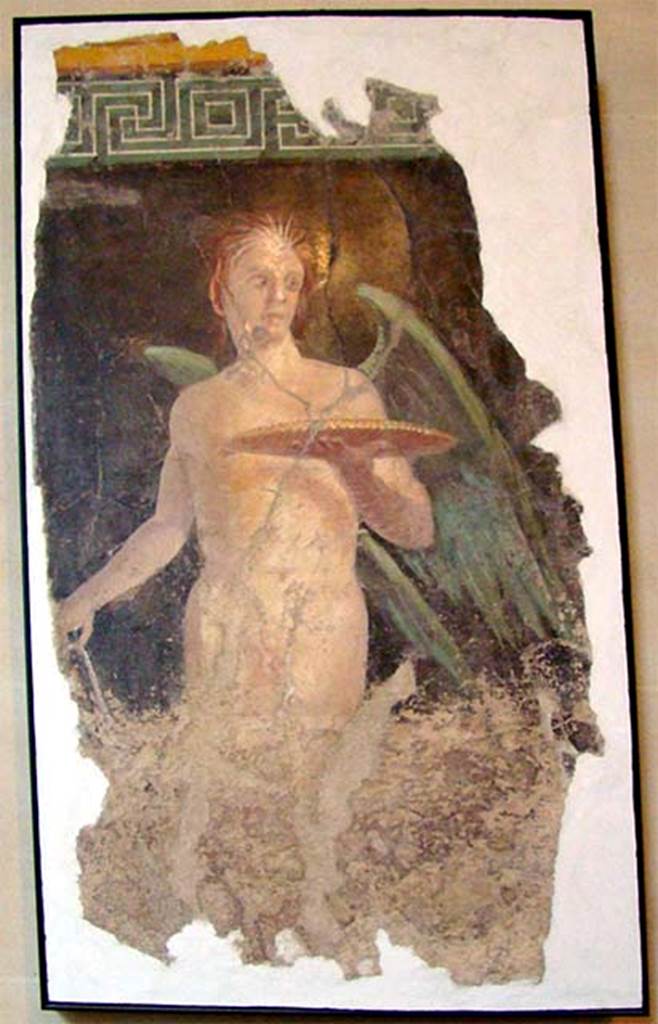 Villa of P Fannius Synistor at Boscoreale. Peristyle E, north wall. 
Fresco of winged guardian figure or genius from west side of the doorway to room H. 
Now in the Louvre. Inventory number P23.