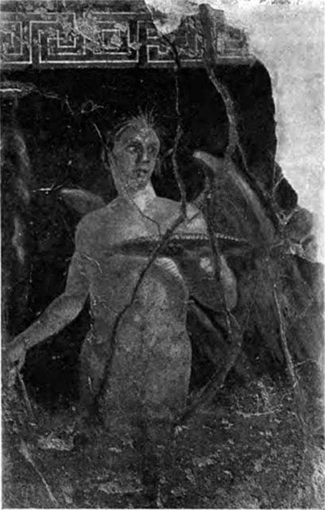 Villa of P Fannius Synistor at Boscoreale. 1900. Peristyle E, north wall. 
Fresco of winged guardian figure or genius in the form of young Faun from west side of the doorway to room H. 
See Barnabei F., 1901. La villa pompeiana di P. Fannio Sinistore. Roma: Accademia dei Lincei. p.29, Fig. 6.