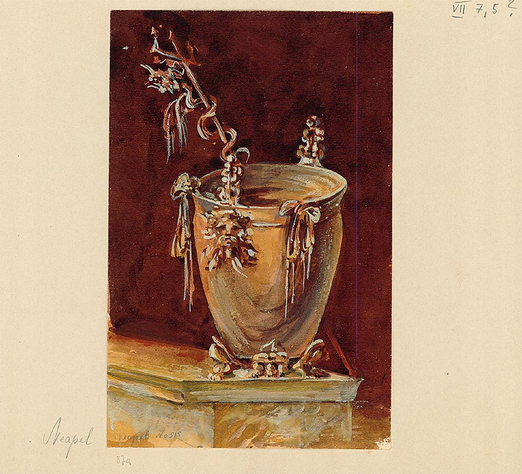 Villa of P. Fannius Synistor at Boscoreale. Peristyle E. Copy of painting in Naples Museum of a situla placed on a podium as an athletic winner’s reward.
Pompejanische Wandmalerei 34. Photo © Deutsches Archäologisches Institut, Abteilung Rom, Arkiv.