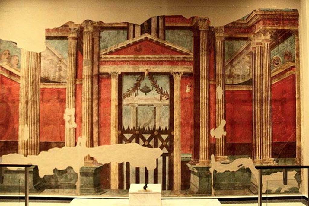 Villa of P. Fannius Synistor at Boscoreale. Room G triclinium, south wall. Wall-painting depicting a facade in front of an entrance to a peristyle. Now in the Musée Royal de Mariemont, Morlanwelz, Belgium. http://www.musee-mariemont.be/
Photo courtesy of Michel Wal, Wikimedia Commons. This photo is subject to an Attribution-ShareAlike 3.0 Unported licence.