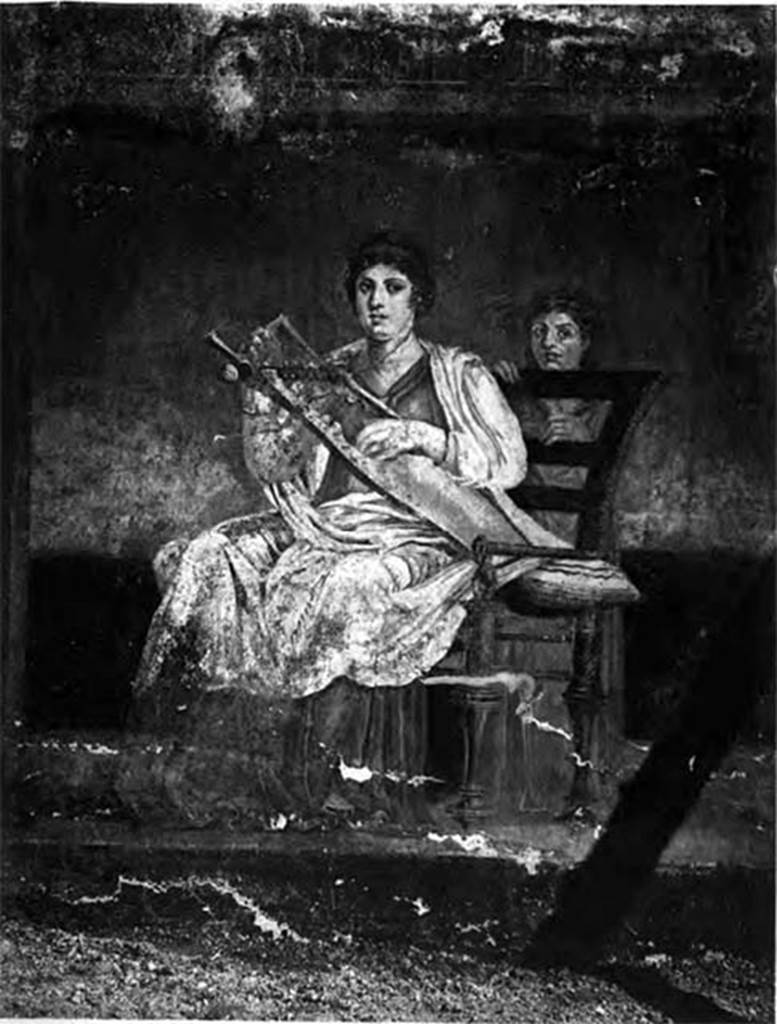 Villa of P Fannius Synistor at Boscoreale. Room H, triclinium or oecus, panel at north end of east wall. 
On the east wall were three paintings.
Here a seated woman in white and purple garments is playing a golden kithara. 
In the central panel, a couple in conversation seated side by side on a throne were painted. 
At the south end, was a female painted standing, turning her head upwards to gaze towards the wall with Venus. 
See Barnabei F., 1901. La villa pompeiana di P. Fannio Sinistore. Roma: Accademia dei Lincei. p. 55, Tav. V.