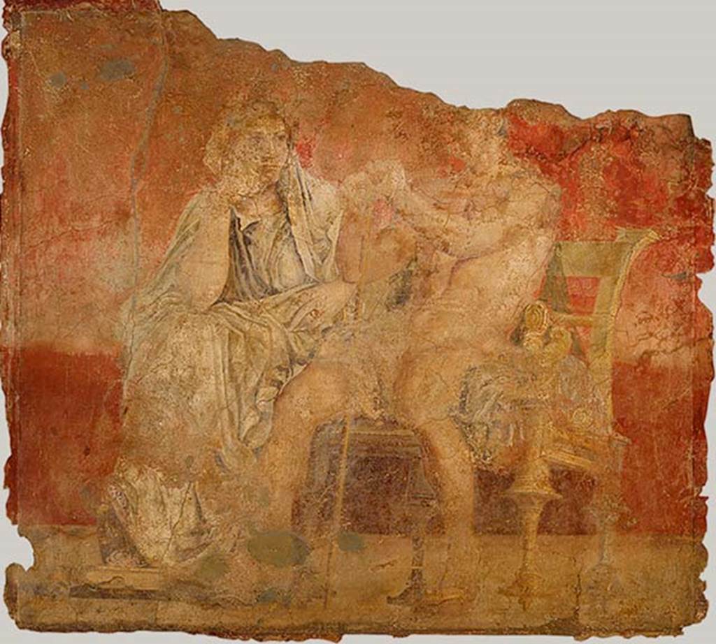 Villa of P Fannius Synistor at Boscoreale. Room H, panel at centre of east wall. A man and woman seated side by side on a throne appear lost in conversation or reflection. The man has his hands resting on a sceptre. Photo © The Metropolitan Museum of Art, Rogers Fund 1903. Inventory number 03.14.5. See www.metmuseum.org