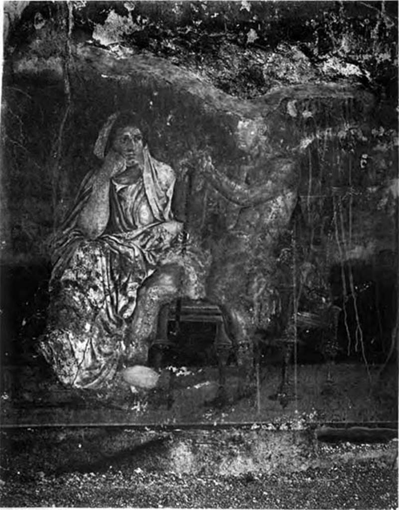 Villa of P Fannius Synistor at Boscoreale. 1900. Room H, panel in situ at centre of east wall.  
Man and woman seated side by side on a throne.
It has been suggested they may be Thetis and Achilles, Hercules and Iole or an early Hellenistic ruler and his wife.
See Barnabei F., 1901. La villa pompeiana di P. Fannio Sinistore. Roma: Accademia dei Lincei. p. 56,Tav. VI.