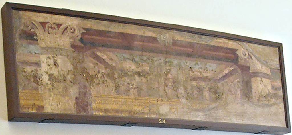 Villa of P. Fannius Synistor at Boscoreale. Room H, north wall, centre top panel. 
Painting of architectural scene located just below ceiling level. 
The painted columns would have extended from the room ceiling to the floor.
The painting of Venus was immediately below, bounded between the two columns.
See Bergmann B., 2010, in Roman Frescoes from Boscoreale. New York: Metropolitan Museum of Art. Fig. 39.
See Sampaolo V. and Bragantini I., Eds, 2009. La Pittura Pompeiana. Electa: Verona. P. 180-1.
Now in Naples Archaeological Museum.  Inventory number s. n. 3.