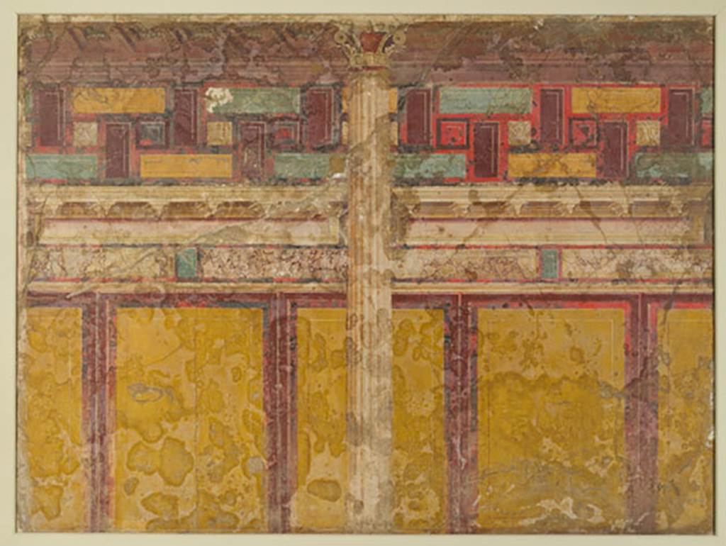 Villa of P. Fannius Synistor at Boscoreale.  Dressing room I of the large triclinium, west wall.
Part of the painted architectural decoration from the west wall.
The complete panel measured 2.12m by 3.13m.
Now in the Musées royaux d'art et d'histoire de Bruxelles, Belgium. Inventory number A.1928.
See http://www.kmkg-mrah.be/
