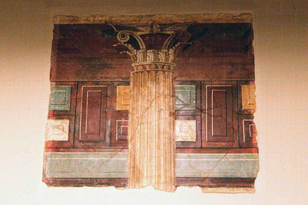 Villa of P. Fannius Synistor at Boscoreale. Dressing room I of the large triclinium.
One of the three pieces detached from the wall. This would appear to be the one illustrated by Sambon in the 1903 cataloge.
See Sambon A, 1903. Les Fresques de Boscoreale. Paris and Naples: Canessa. 26-28 p. 17.
Now in the Musée Royal de Mariemont, Morlanwelz, Belgium.
http://www.musee-mariemont.be/
Photo courtesy of Michel Wal, Wikimedia Commons. 
This photo is subject to an Attribution-ShareAlike 3.0 Unported licence.