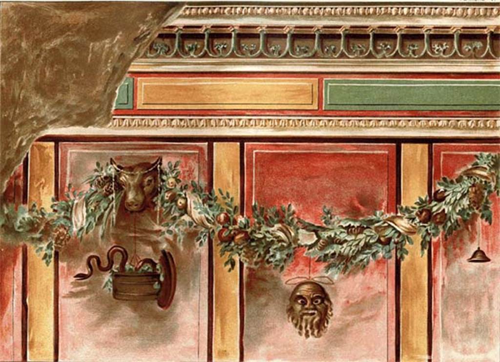 Villa of P Fannius Synistor at Boscoreale. 1903 painting of room L, tablinum, west wall. 
According to Sambon, there were four large panels detached in good condition. The decoration was divided into three sections. 
a. Cornice: White frieze imitating oval mouldings and lanceolate leaves supported by intertwined stems ending with heads of goats (green on purplish background). 
b. An area of yellow and green blocks painted with relief and set on a red background, between two white friezes imitating mouldings, the lower frieze has a row of lanceolate leaves.
c.  The main part of the wall to the height of a person, has large red panels, separated by yellow stripes and are outlined with brown. On the central panels are the heads of young bulls, adorned with thin ribbons (infulae). They serve as support for a festoon of greenery with fruit of all kinds (pomegranates, pine cones, clusters of grapes, corn, apples, etc.). In these festoons are wound ribbons which support hanging objects. There is a Dionysian wicker box (Cista) filled with ivy leaves, from which a serpent is escaping; a mask of Silenus, small cymbals, a tambourine adorned with greenery, an eaglet attached by the wings, a tragic mask. 
A black base (socle) separated the decoration of the floor which was a white mosaic with light black decor. 
Measurements. Height: 1.94 m. length: 2.51 m. - 1.94 m X 2.72 m. - 1.86 m x 1.10 m. - 1.97 m x 1.20 m.
See Sambon A, 1903. Les Fresques de Boscoreale. Paris and Naples: Canessa. 15-18, p. 11, pl. VI.