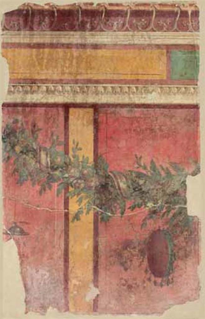 Villa of P. Fannius Synistor at Boscoreale. Room L, tablinum, east wall. 
Panel with garland, red panels with yellow dividing bars, yellow and green blocks with cornice above. 
The left hand panel has a cymbalum (small cymbal) and a tympanum (tambourine drum) is on the right.
Now in the Musée de Picardie, Amiens, France. See http://amiens.fr/votre_vie_quotidienne/vie_culturelle/musees_damiens/musee_de_picardie.html