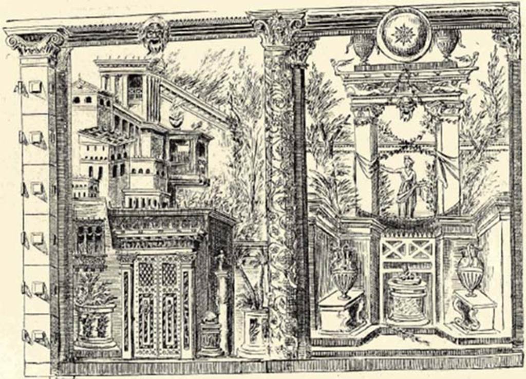 Villa of P Fannius Synistor at Boscoreale. 1903 drawing of west wall of room M, cubiculum.
According to Sambon this measured 3.83m by 2.45m.
See Sambon A, 1903. Les Fresques de Boscoreale. Paris and Naples: Canessa. 42, p. 23.