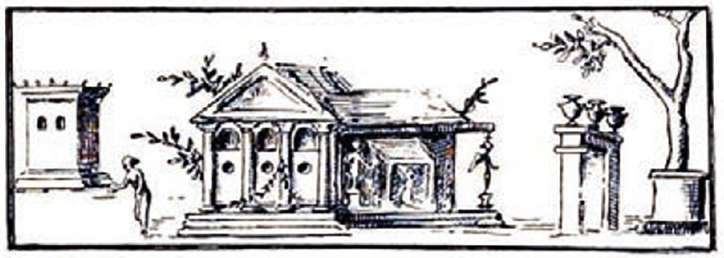Villa of P. Fannius Synistor at Boscoreale. 1900. Room N, Triclinium ordinario, back wall.
According to Sambon, two panels were detached from the back wall of the triclinium.
They were above a white cornice and a frieze of Tritons, Nereids and Cupids (quick silhouettes on a purple background).
On one of these panels is represented a temple adorned with statues.
To the right is a well built around a tree struck by lightning.
In front of this is an arch topped by three vases; to the left is a woman standing; and behind is a small square monument. 
Measurement: 0.72 m X 0.75m.
See Sambon A, 1903. Les Fresques de Boscoreale. Paris and Naples: Canessa.  36, p. 20.
Now in the Musée Royal de Mariemont, Morlanwelz, Belgium. Inventory number R59.
See http://www.musee-mariemont.be/