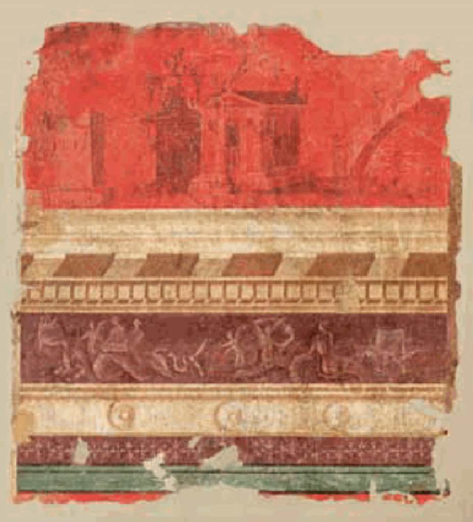 Villa of P. Fannius Synistor at Boscoreale. 1966. Room N, Triclinium ordinario back wall.
According to Sambon, two panels were detached from the back wall of the triclinium.
They were above a white cornice and a frieze of Tritons, Nereids and Cupids (quick silhouettes on a purple background).
On the second panel is a temple surrounded by a portico, next to a small circular structure that resembled a Chinese pagoda. 
To the right is a bridge. To the left are ruins.
Measurement 0.72 m X. 0. 79 m.
See Sambon A, 1903. Les Fresques de Boscoreale. Paris and Naples: Canessa.  37, p. 20.
Now in the Musée Royal de Mariemont, Morlanwelz, Belgium. Inventory number R60.
See http://www.musee-mariemont.be/