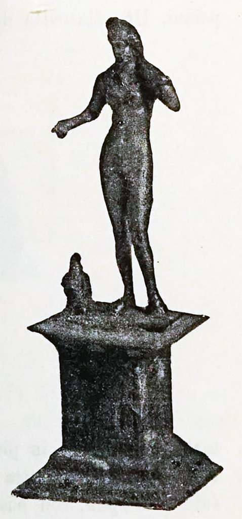 Scafati, Villa rustica detta di Domitius Auctus. 18th March 1899. Room “D”.
A silver statue of Venus Anadyomene, 0.95 tall with the base.
She was crowned with a diadem, standing naked, and nearby was a dove. 
It was very well shaped, and the dove was portrayed with ease and precision. 
See Notizie degli Scavi di Antichità, 1899, p. 393, fig. 3.