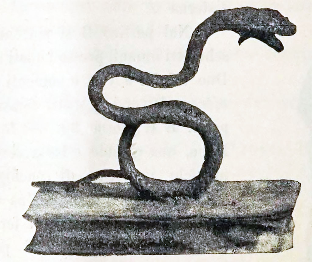 Scafati, Villa rustica detta di Domitius Auctus. 18th March 1899. Room “D”.
A silver serpent raising itself on its coils, with base.
See Notizie degli Scavi di Antichità, 1899, p. 394, fig. 4.
The preservation of these three items was surprising, taking account the material, which was silver, usually to be found oxidized, greatest in the locality of discovery, where the earth does not exceed 6 metres in height.  
No doubt they formed the collection from a lararium.