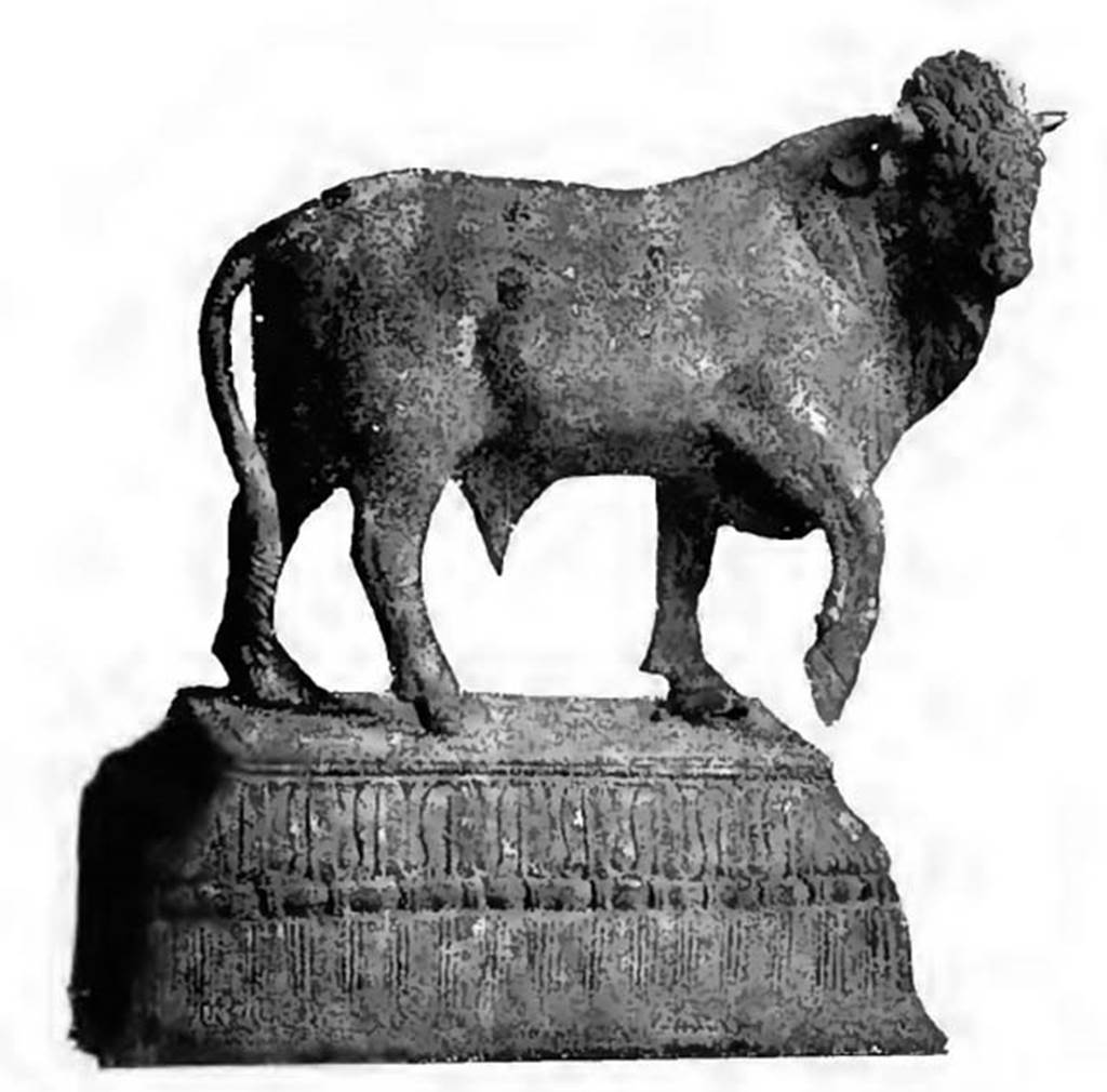 Scafati, Villa rustica detta di Domitius Auctus. 18th March 1899. Room “D”.
A small bronze bull, wonderfully conserved, resting on a rectangular base worked with engraving. It was 0.17m high, from the floor of the base to the top of the head.
See Notizie degli Scavi di Antichità, 1899, p. 395, fig. 6.
