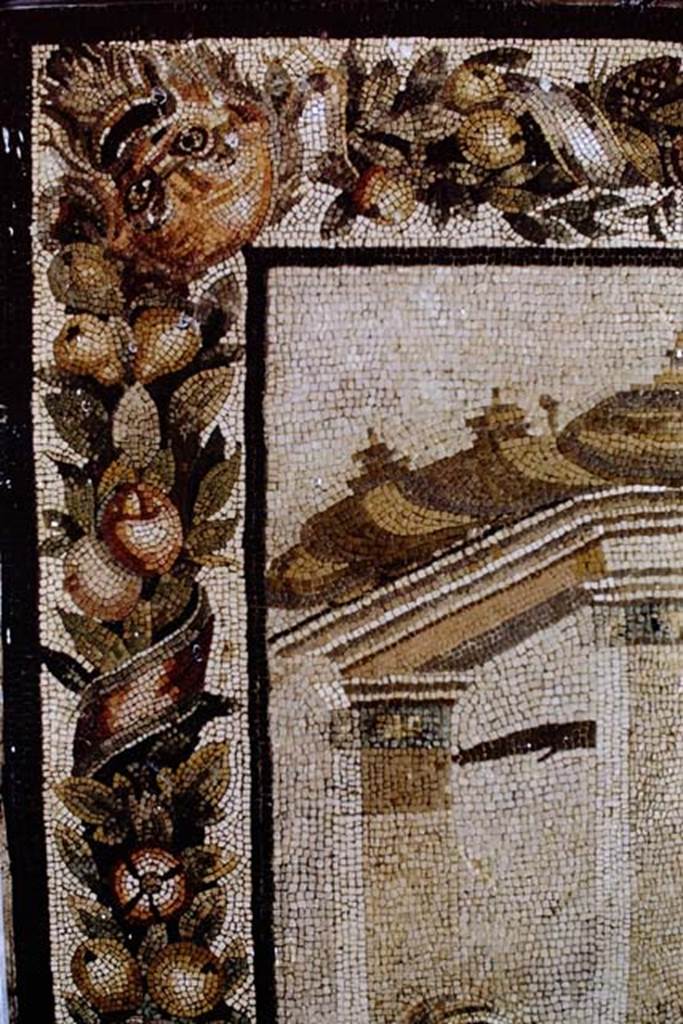 Villa of T. Siminius Stephanus, fondo Masucci-D'Aquino. 1968.  
Mosaic of the Academy of Plato. Mosaico dell’accademia di Platone.
Detail from “top-left” of mosaic. Photo by Stanley A. Jashemski.
Source: The Wilhelmina and Stanley A. Jashemski archive in the University of Maryland Library, Special Collections (See collection page) and made available under the Creative Commons Attribution-Non-Commercial License v.4. See Licence and use details.
J68f1050
