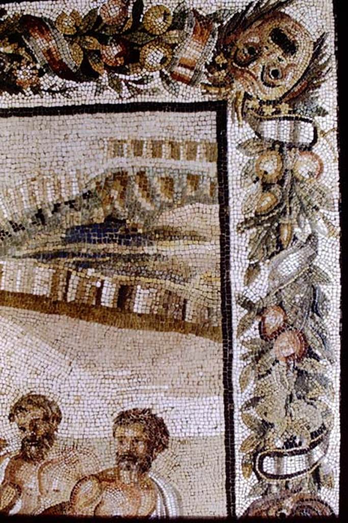 Villa of T. Siminius Stephanus, fondo Masucci-D'Aquino. Mosaic of the Academy of Plato (Dell’accademia Platonica). 1968.  Detail from “top-right” of mosaic. Photo by Stanley A. Jashemski.
Source: The Wilhelmina and Stanley A. Jashemski archive in the University of Maryland Library, Special Collections (See collection page) and made available under the Creative Commons Attribution-Non Commercial License v.4. See Licence and use details. J68f1049