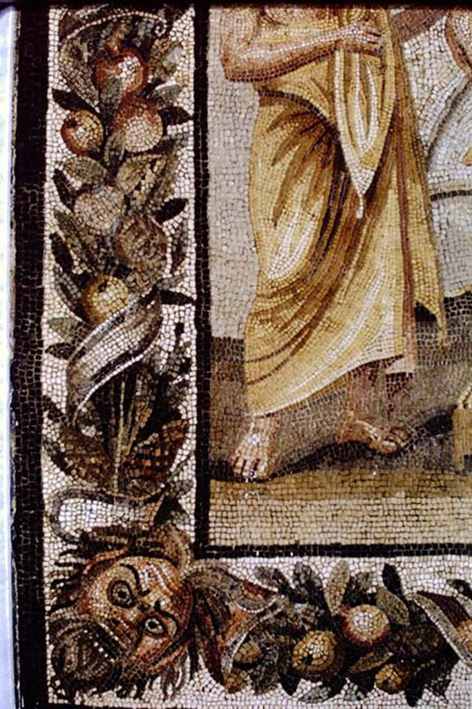 Villa of T. Siminius Stephanus, fondo Masucci-D'Aquino. Mosaic of the Academy of Plato (Dell’accademia Platonica).  1968.  Detail from “bottom-left” of mosaic. Photo by Stanley A. Jashemski.
Source: The Wilhelmina and Stanley A. Jashemski archive in the University of Maryland Library, Special Collections (See collection page) and made available under the Creative Commons Attribution-Non Commercial License v.4. See Licence and use details.  J68f1051