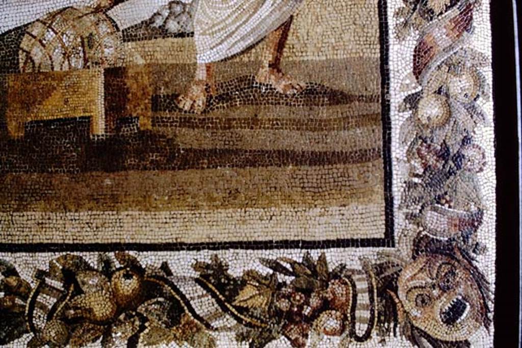 Villa of T. Siminius Stephanus, fondo Masucci-D'Aquino. Mosaic of the Academy of Plato (Dell’accademia Platonica). 1968.  Detail from “bottom-right” of mosaic. Photo by Stanley A. Jashemski.
Source: The Wilhelmina and Stanley A. Jashemski archive in the University of Maryland Library, Special Collections (See collection page) and made available under the Creative Commons Attribution-Non Commercial License v.4. See Licence and use details. J68f1048