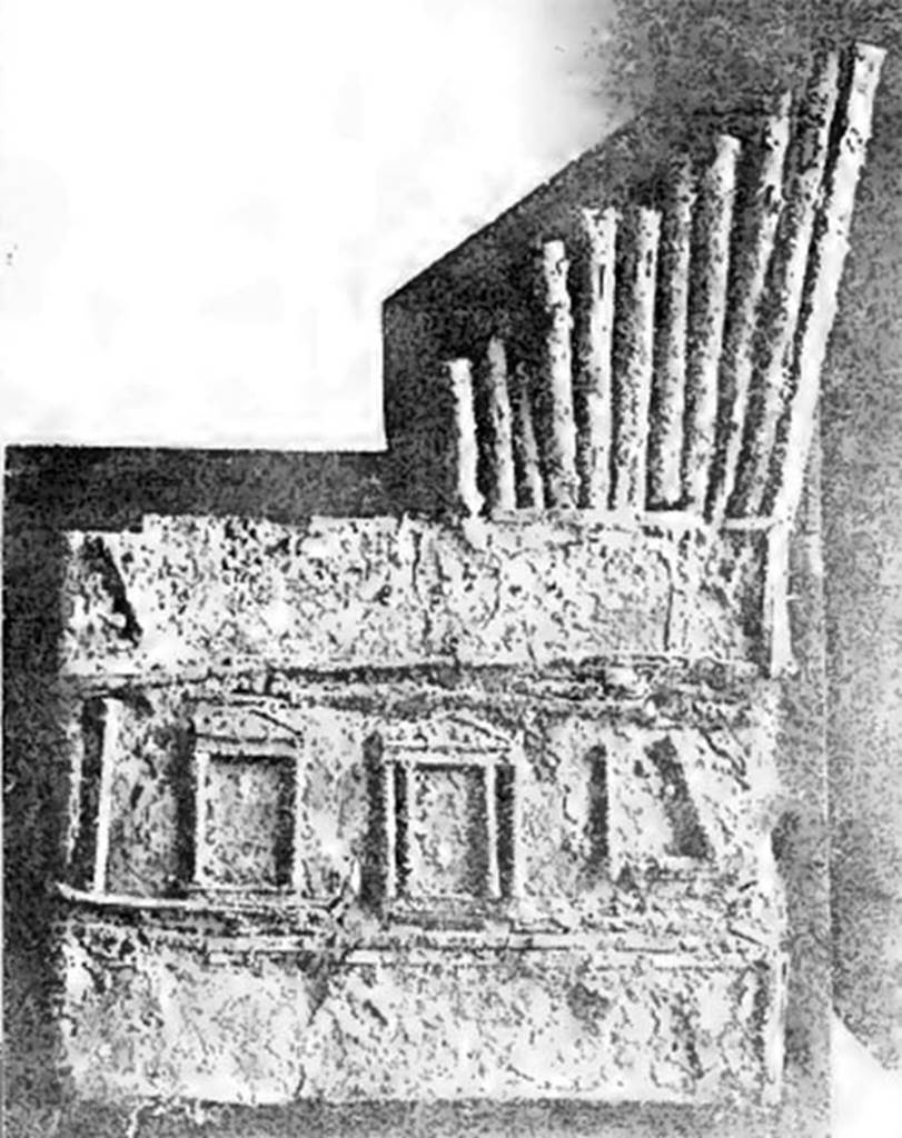 Villa of T. Siminius Stephanus, fondo Barbatelli. 25th November 1899. Found at the height of the upper floor, was a bronze pan-pipe, with eleven pipes, similar to one found in 1876 with nine pipes. The decoration of the temples was identical in both. The one found here was leaning against a wall. See Notizie degli Scavi di Antichità, 1899, p. 444, fig. 6. See Bullettino dell’Instituto di Corrispondenza Archeologica (DAIR), 1877, p. 99.