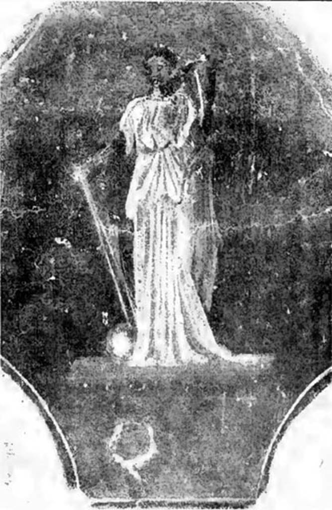 Villa of T. Siminius Stephanus, fondo Barbatelli. December 1899. Found in a room on the upper floor, was a painting of the Fortuna, painted on a red background. The goddess, 0.38m high, clothed in a green tunic with purple cloak held a cornucopia in her left hand and a rudder in her right hand, leaning on the earth. At her feet, the globe could be seen. The head, the arms, the cornucopia and the rudder were a monochrome red. See Notizie degli Scavi di Antichità, 1899, p. 494, fig. 1.