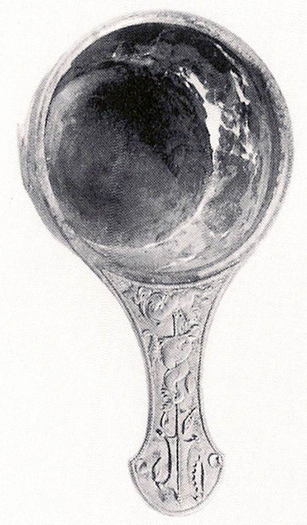Villa of T. Siminius Stephanus, fondo Barbatelli. October 1900.
Silver patera with 12cm long handle with relief of sea animals, shellfish and a rudder.
Now in Naples Archaeological Museum.  Inventory number 125262.
In fondo Barbatelli, outside the north wall of Pompeii, south of the rooms excavated at a distance of about 20 metres, in an easterly direction, outside these rooms and at a depth of 2m between the layer of ashes and lapilli, a human skeleton was found. Also found with the skeleton were the following objects –
A perfectly preserved silver casseruola, length 27cm, diameter 13.5cm, height 7.5cm and weighing 520g. 
Other objects, including two keys, a bronze ring, and coins were found.
See Notizie degli Scavi di Antichità, 1900, p. 500-1.
See Guzzo, P. (A cura di), 2006. Argenti a Pompei. Milano, Electa. 168, p. 137.