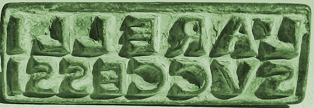 Boscotrecase, Villa di L. Arellius Successus. Bronze rectangular seal of L. Arelli Successi, face side.
Face with wording 
L ARELLI
SVCCESSI
L(uci) Arelli
Successi.
Now in Naples Archaeological Museum. Inventory number 125094.
(The “Arelli” occur in some Pompeian inscriptions).