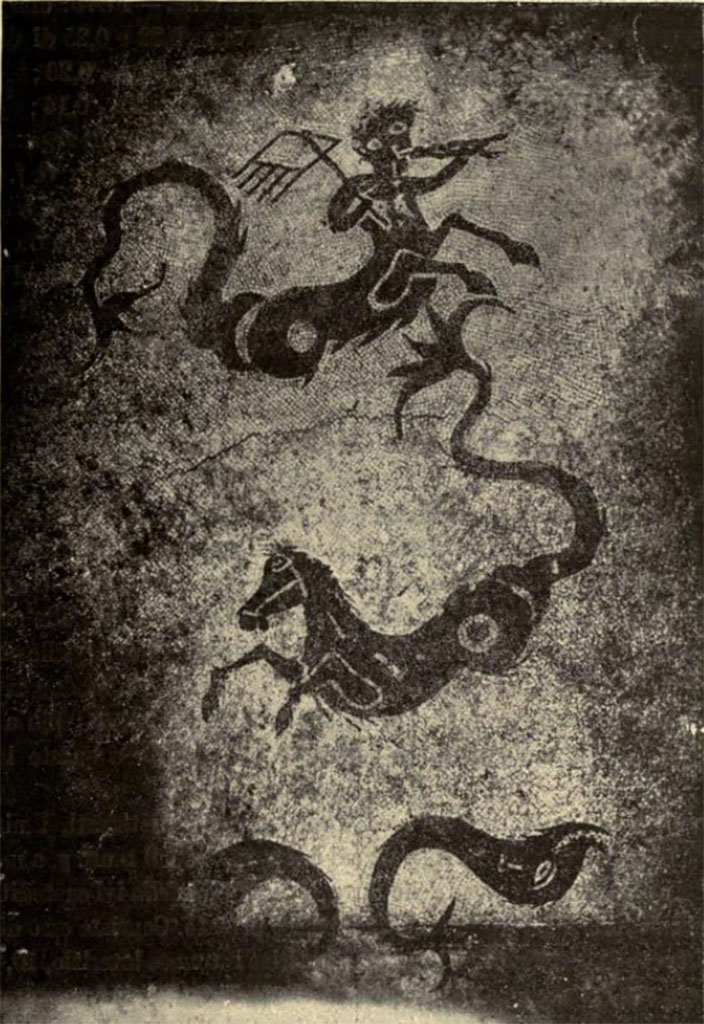 Pompeii, Villa rustica nel Fondo di Antonio Prisco. 
Room 11. Calidarium. Black and white mosaic floor with sea centaur, sea horse and two dolphins.
See Notizie degli Scavi di Antichità, 1921, p. 419, fig. 3.
According to Fabbricotti, these are a marine centaur, marine bull and two fishes.
See Fabbricotti E., 1976. Cronache Pompeiane II, pp. 43-44.