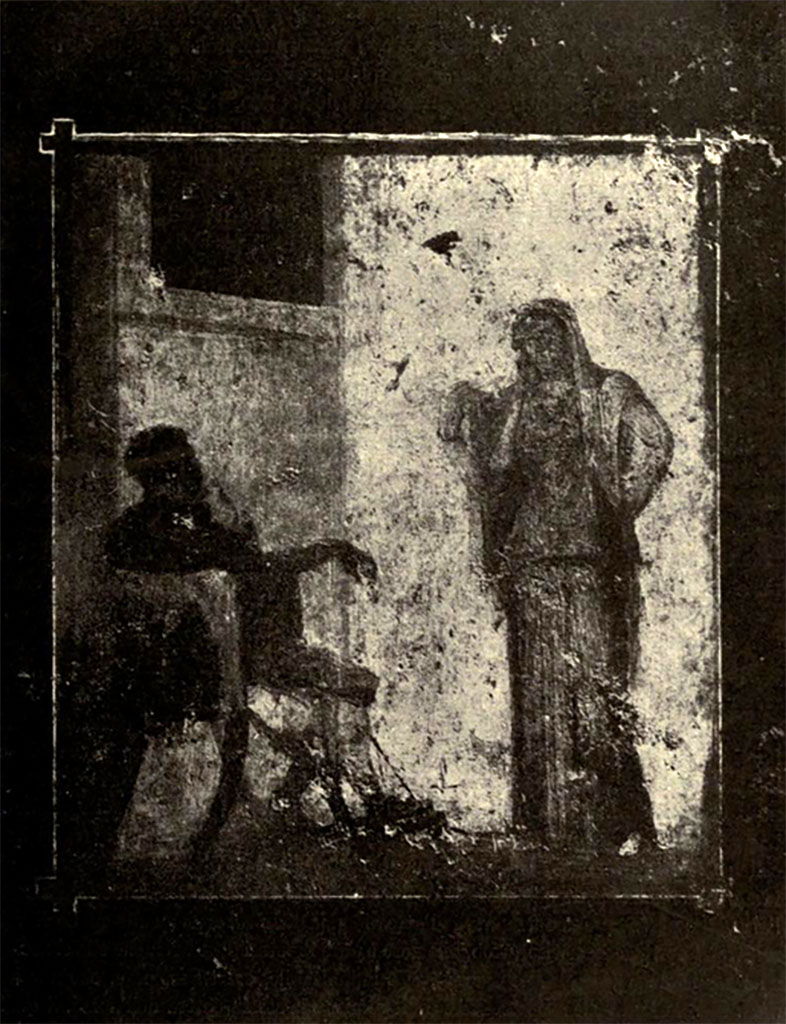 Boscoreale. Villa of Numerius Popidius Florus. Room 4. East wall. Singer and seated lyre player.
See Notizie degli Scavi di Antichità, 1921, p.447, fig. 14.