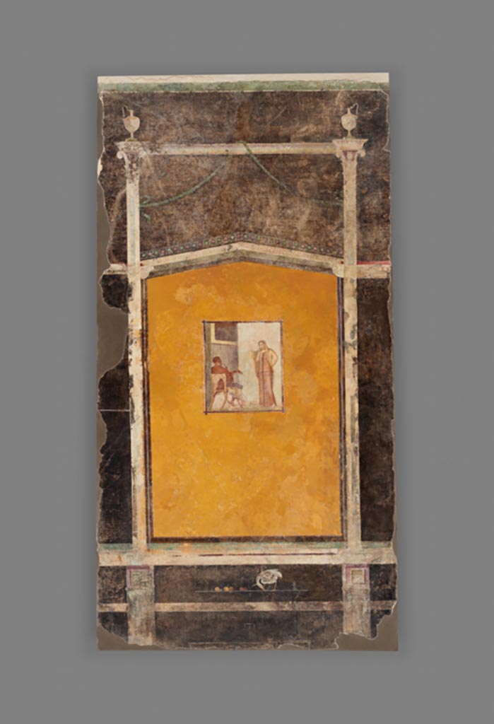 Boscoreale. Villa of Numerius Popidius Florus. Room 4. East wall. Panel from a black ground frescoed room with central panel possibly Socrates and Diotima.
Digital image courtesy of the Getty's Open Content Program. Now in the Getty Museum, inventory number 70.AG.91.
One of three fresco panels that decorated the same room (Room 4) of the Villa of Numerius Popidius Florus at Boscoreale (see also 72.AG.79.1 and 72.AG.79.2). These frescoes display fanciful architectural compositions on a black background. A figural scene on a yellow background decorates the centre of this fresco. The seated man’s unkempt beard, scanty clothing, bare feet, and staff suggest that he is a philosopher of the Cynic school, noted for asceticism and disregard for social norms. He converses with a woman who is probably a courtesan. Some scholars have also identified the pair as Socrates and Diotima, a character who teaches Socrates the philosophy of love in Plato’s Symposium. The painting style, categorized by scholars as the Third Style of Roman wall painting, features small vignettes and elegant ornamental architecture.
The Villa of Numerius Popidius Florus was built in the early first century B.C. and underwent several modifications before it was destroyed by the volcanic eruption of Mount Vesuvius in A.D. 79. A variety of objects were found in Room 4, including bronze vessels, lamps, agricultural tools and the remains of iron weaponry, suggesting that it was used for storage by the time of the eruption. Two marble plaques found in the central courtyard reveal the name of the owner, who came from a well-established family in Pompeii. In contrast to the urban houses of Pompeii and the seaside villas overlooking the Bay of Naples, however, the country estates (or villae rusticae) of Boscoreale were working farms. The estate of Numerius Popidius Florus produced wine, which was stored in large jars partially buried in the courtyard. The house itself was richly decorated with frescoes and mosaics and had a small bath complex. Excavated in 1905–1906, the site was subsequently reburied after most of the wall paintings, vessels, and other objects were removed.