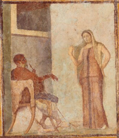 Boscoreale. Villa of Numerius Popidius Florus. Room 4. Central painting from east wall. Cynic and courtesan?
Detail from digital image courtesy of the Getty's Open Content Program. Now in the Getty Museum, inventory number 70.AG.91.