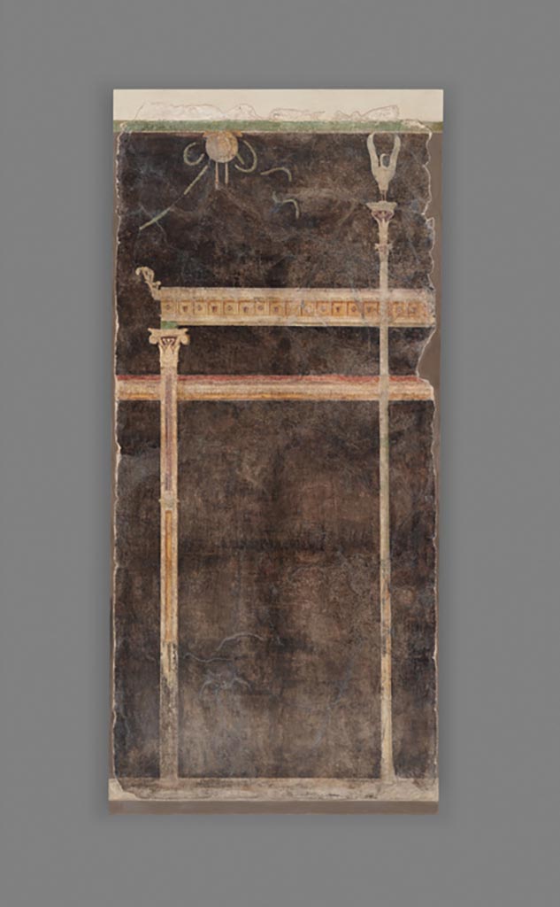 Boscoreale. Villa of Numerius Popidius Florus. Room 4. Wall panel from a black ground frescoed room with architectural design.
Digital image courtesy of the Getty's Open Content Program. Now in the Getty Museum, inventory number 72.AG.79.2.
One of three fresco panels that decorated the same room (Room 4) of the Villa of Numerius Popidius Florus at Boscoreale (see also 72.AG.79.1 and 70.AG.91). These frescoes display fanciful architectural compositions on a black background. An attenuated column topped by a Corinthian capital supports a narrow decorative entablature with a floral acroterion (architectural ornament) at the corner. A slender candelabrum on the right side of the panel is surmounted by a swan. On the upper left corner of the fresco is a circular shield with ribbons and garlands. The painting style, categorized by scholars as the Third Style of Roman wall painting, features small vignettes and elegant ornamental architecture.