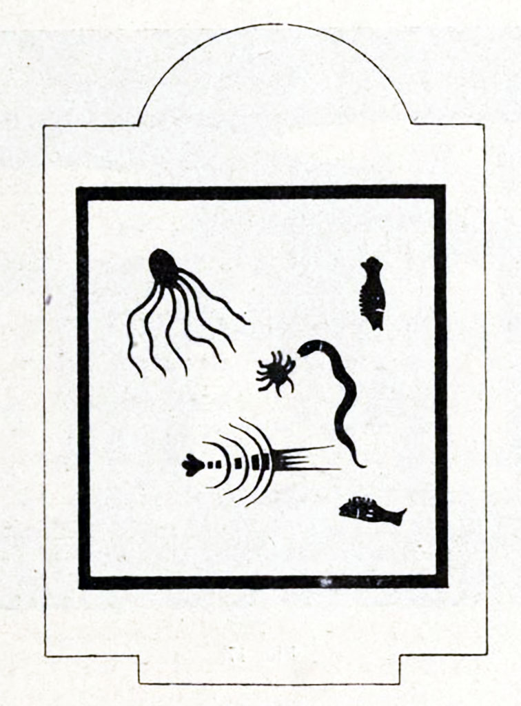 Boscoreale. Villa of Numerius Popidius Florus. Calidarium. Drawing of mosaic of several fish in black tesserae on a white background.
See Notizie degli Scavi di Antichità, 1921, p. 451 fig. 16.