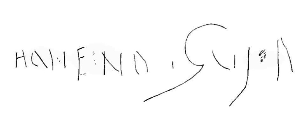 Boscoreale. Villa of Numerius Popidius Florus. Calidarium. Graffito of Honeno Guia (?) as recorded in C.I.L with note: “Dedi ex apographo meo quod ut potui delineavi” I gave from my pen what I drew as well as I could. 
See Corpus Inscriptionum Latinarum Vol. IV, Supp 2, Part 2, 1909. Berlin: Reimer, p. 722, CIL IV 6901.