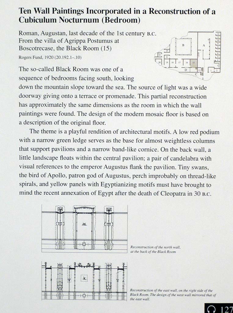 Villa of Agrippa Postumus, Boscotrecase. December 2010. 
Information card, photograph taken at Metropolitan Museum New York. 
Photo courtesy of Buzz Ferebee.