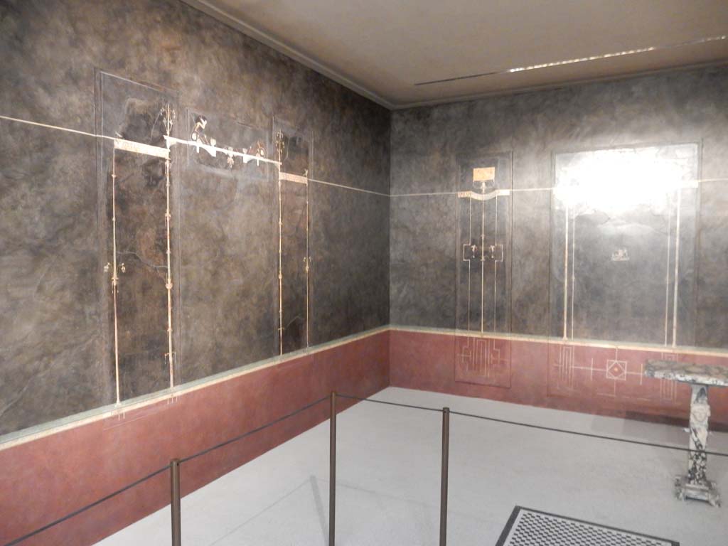 Villa of Agrippa Postumus, Boscotrecase. January 2018. Room 15, looking towards the west wall and north-west corner of cubiculum.
Photo courtesy of Buzz Ferebee. 
Six sections of the west wall survive, three of which are in the Met Museum and four in Naples Museum.
Metropolitan Museum New York. Rogers Fund, 1920. Inventory numbers 20.192.6, 20.192.11 and 20.192.4.