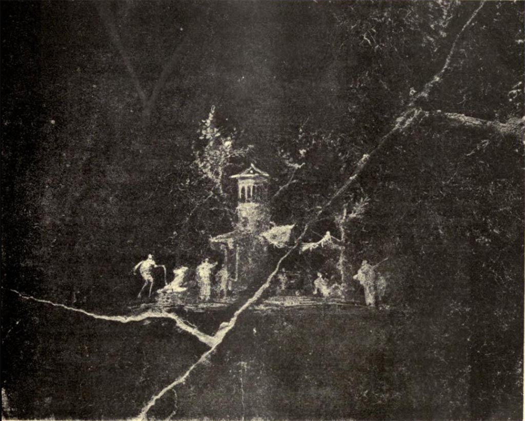 Villa of Agrippa Postumus Boscotrecase. 1922. Black room. West wall. Landscape painting from centre of wall as shown in NdS.
Now in Naples Archaeological Museum. 
According to NdS this shows a rustic pavilion with a tent/curtain/awning extended between the walls of it and a tree, the scene enlivened by figures of wayfarers and animals. 
See Notizie degli Scavi di Antichità, 1922, p. 469 fig. 8.
According to Anderson in 1988 this has been lost.
See Anderson, M. L., 1988. The Imperial Villa at Boscotrecase in Metropolitan Museum Bulletin, 1988, p. 40.