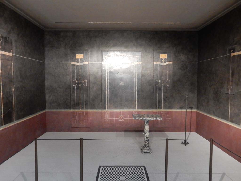 Villa of Agrippa Postumus, Boscotrecase. January 2018. Room 15, looking towards the north wall of cubiculum.
Now in the Metropolitan Museum New York. Photo courtesy of Buzz Ferebee. 
The central canopy of the north wall is connected to the candelabra to its left and right by a series of horizontal lines and short friezes. 
Like the socle, these continued around the entire room, linking the three walls. 
The effect, in this pitch-black room, was that of a colourful but ethereal cage.
See Anderson, M. L., 1988. The Imperial Villa at Boscotrecase in Metropolitan Museum Bulletin, 1988, p. 38-9.