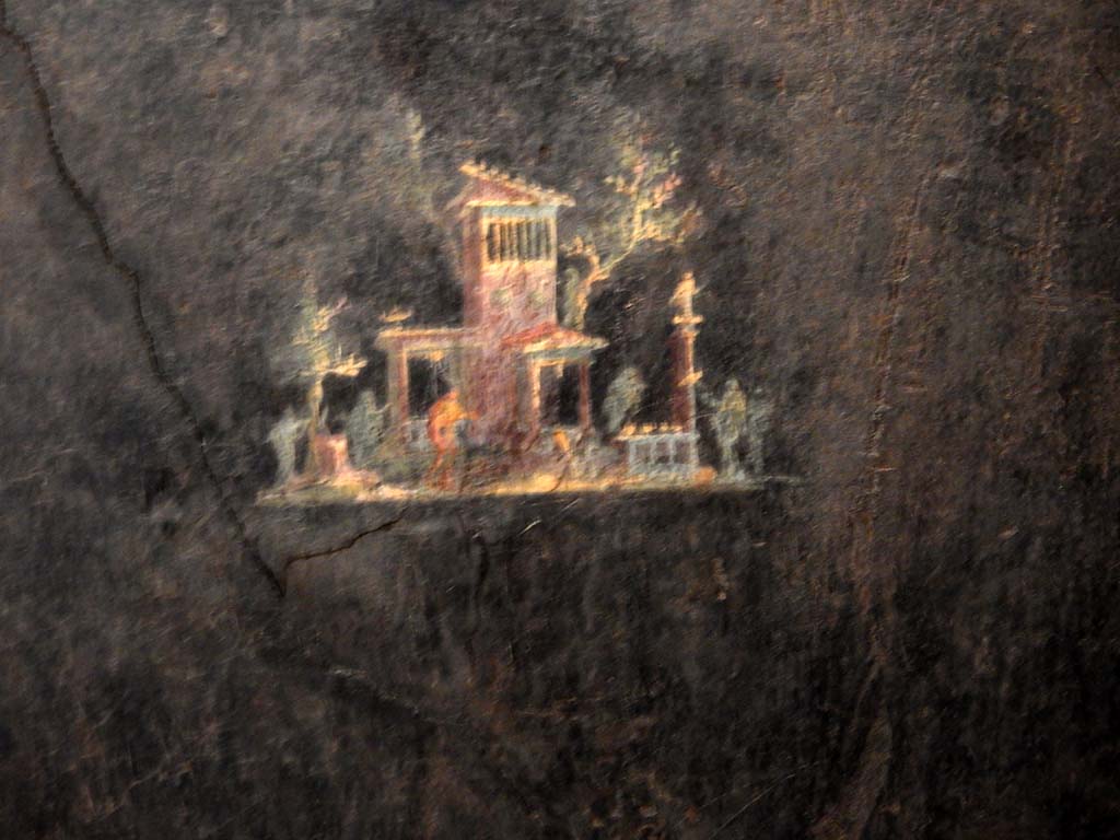 Villa of Agrippa Postumus, Boscotrecase. January 2018. Room 15, detail of small landscape in centre of north wall. 
Photograph taken at Metropolitan Museum New York. Photo courtesy of Buzz Ferebee.