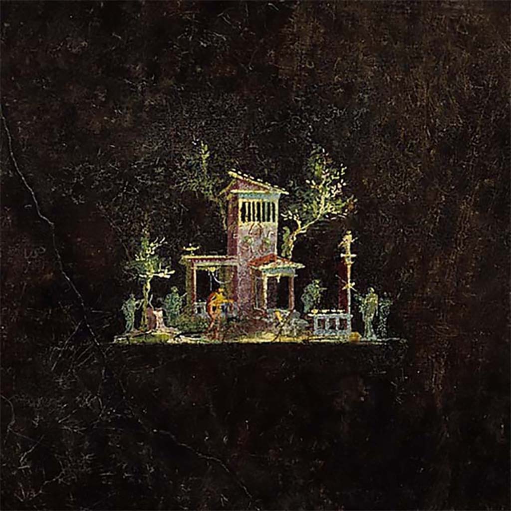 Villa of Agrippa Postumus Boscotrecase. Black room. North wall, central aedicula panel, detail of small landscape an elegant building shaded by old trees.
© Metropolitan Museum New York. Rogers Fund, 1920. Inventory number 20.192.1. 
See Notizie degli Scavi di Antichità, 1922, p. 469, fig. 8.