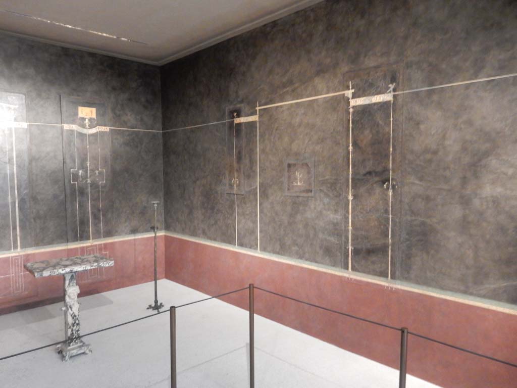 Villa of Agrippa Postumus, Boscotrecase. January 2018. Room 15, looking towards the north-east corner and east wall of cubiculum.
Photo courtesy of Buzz Ferebee. 
 
Villa of Agrippa Postumus Boscotrecase. Black room. Wall 2.
© Metropolitan Museum New York. Rogers Fund, 1920. Inventory number 20.192.5????????????????? same as 20.192.11??????????????.
 
Villa of Agrippa Postumus Boscotrecase. Black room. Wall 2.
© Metropolitan Museum New York. Rogers Fund, 1920. Inventory number 20.192.11.
 
Villa of Agrippa Postumus. Boscotrecase. Room 15, black room, west wall.
Panel with slender architectural features, triangular in plan.
Now in Naples Archaeological Museum.  Inventory number 138993.
Six panels of the wall survive of which 2 are in Naples Museum and 4 are in the Met Museum.
Metropolitan Museum New York. Rogers Fund, 1920. Inventory numbers 20.192.8, 20.192.10, 20.192.5 and 20.192.7.