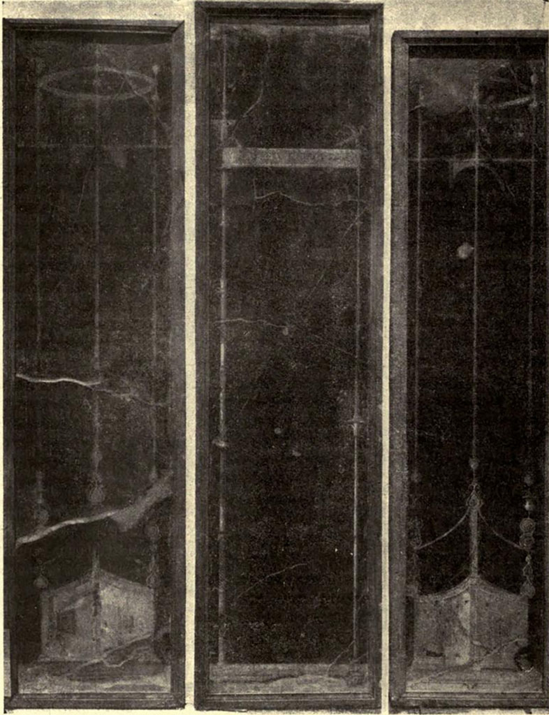 Villa of Agrippa Postumus. Boscotrecase. Room 15, black room decorations from NdS.
According to NdS,
Of the elegant and sober wall decorations, on a black background above a dark-red dado/plinth, sparing a detailed description, I reproduce fig. 7: 
See Notizie degli Scavi di Antichità, 1922, p. 468 fig. 7.