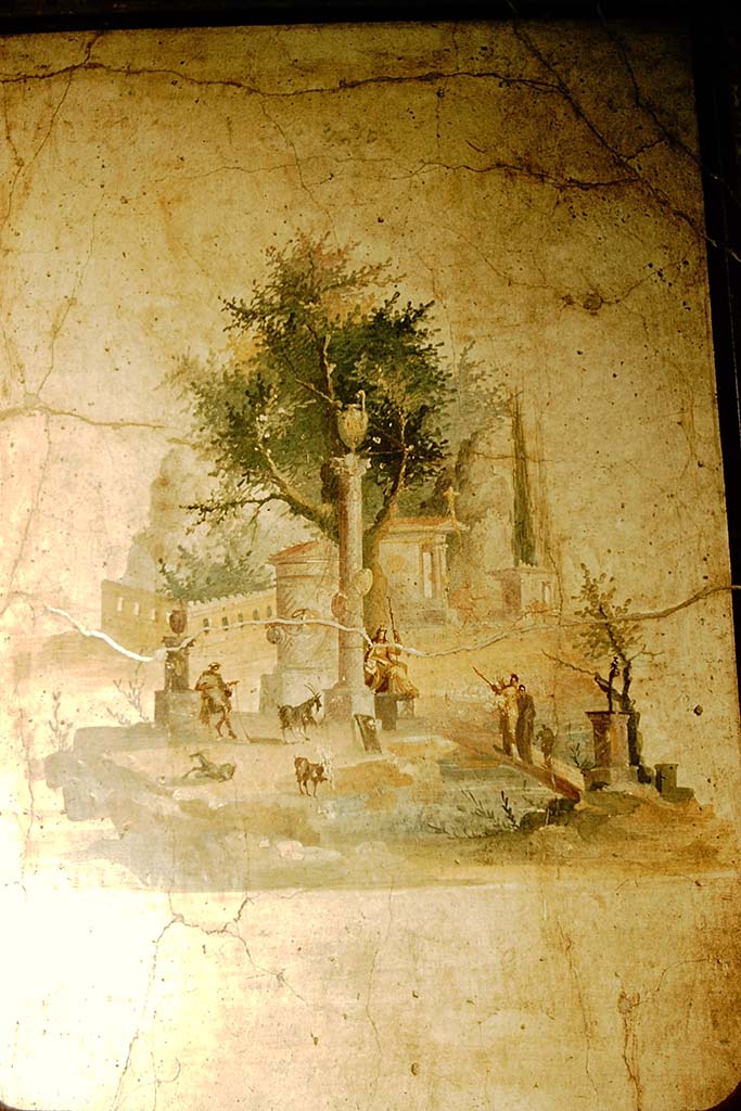 Villa of Agrippa Postumus. Boscotrecase. 1957. Room 16, detail of painting in centre of north wall. 
Photo by Stanley A. Jashemski.
Source: The Wilhelmina and Stanley A. Jashemski archive in the University of Maryland Library, Special Collections (See collection page) and made available under the Creative Commons Attribution-Non Commercial License v.4. See Licence and use details.
J57f0508