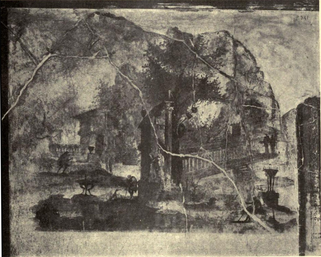Villa Agrippa Postumus. Boscotrecase. 1922. Room 16, east wall.
This panel depicts a group of buildings with travellers walking among them, shaded by trees, within a precinct approached by steps. Inv 147502. 
According to NdS, 
“A few centimetres from the bottom edge of this landscape, on the white plaster, a graffito was seen, it was the name SABINVS (was he the painter of the beautiful paintings?)”.
See Notizie degli Scavi di Antichità, 1922, Page 473 fig. 13.