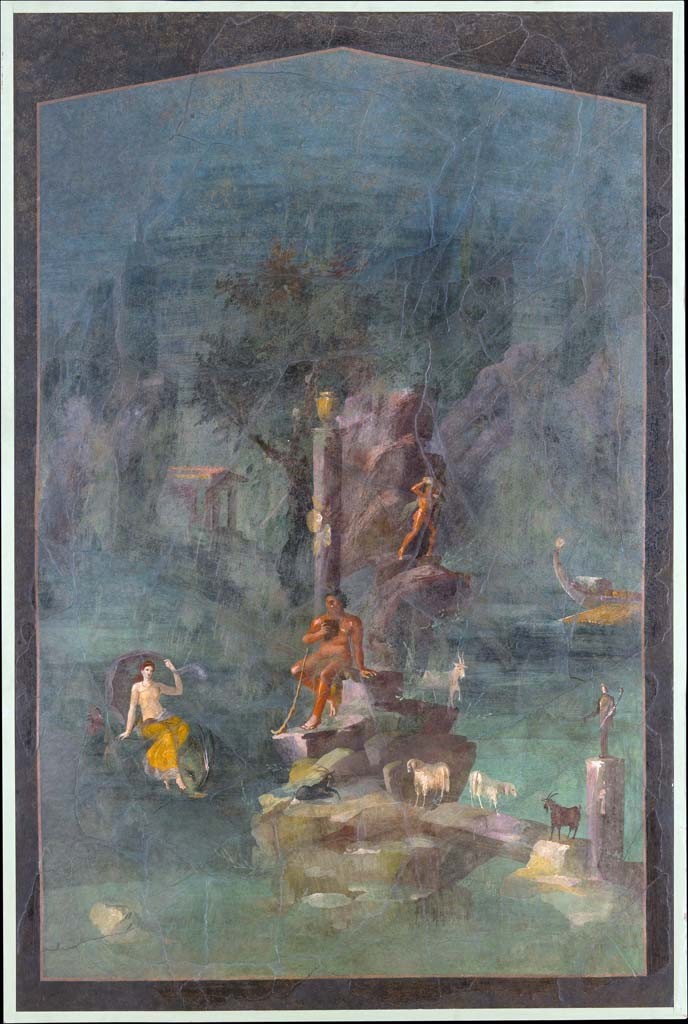 Villa of Agrippa Postumus Boscotrecase. Mythological room 19, cubiculum.
Wall painting of Polyphemus and Galatea.
© Metropolitan Museum New York. Rogers Fund, 1920. Inventory number 20.192.17.
This fresco combines two separate events in the life of the monstrous Cyclops, Polyphemus. 
In the foreground, he sits on a rocky outcrop tending his goats. 
The Cyclops holds his panpipes in his right hand as he gazes at the beautiful sea nymph Galatea, with who he is hopelessly in love. 
In the upper right part of the fresco, Polyphemus is depicted hurling a boulder at Odysseus and his companions, who have just blinded the Cyclops. 
Odysseus' ship is seen sailing away at the far right.