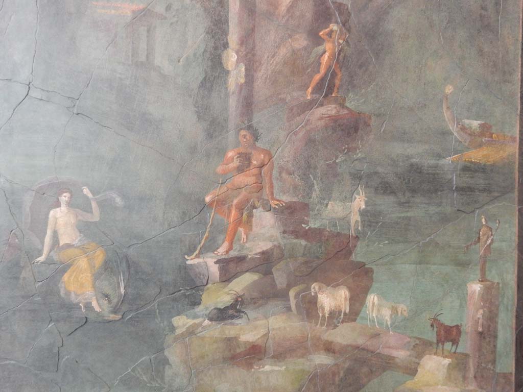 Villa of Agrippa Postumus, Boscotrecase. January 2018. Room 19, detail of wall painting of Polythemus and Galatea. 
Photograph taken at Metropolitan Museum New York. Photo courtesy of Buzz Ferebee.