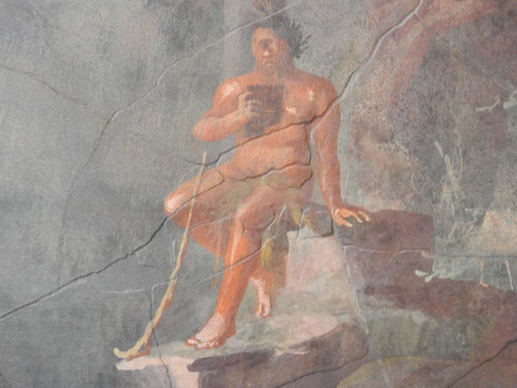 Villa of Agrippa Postumus, Boscotrecase. January 2018/ Room 19, detail of Polythemus holding pan-pipes in his right-hand. 
Photograph taken at Metropolitan Museum New York. Photo courtesy of Buzz Ferebee.